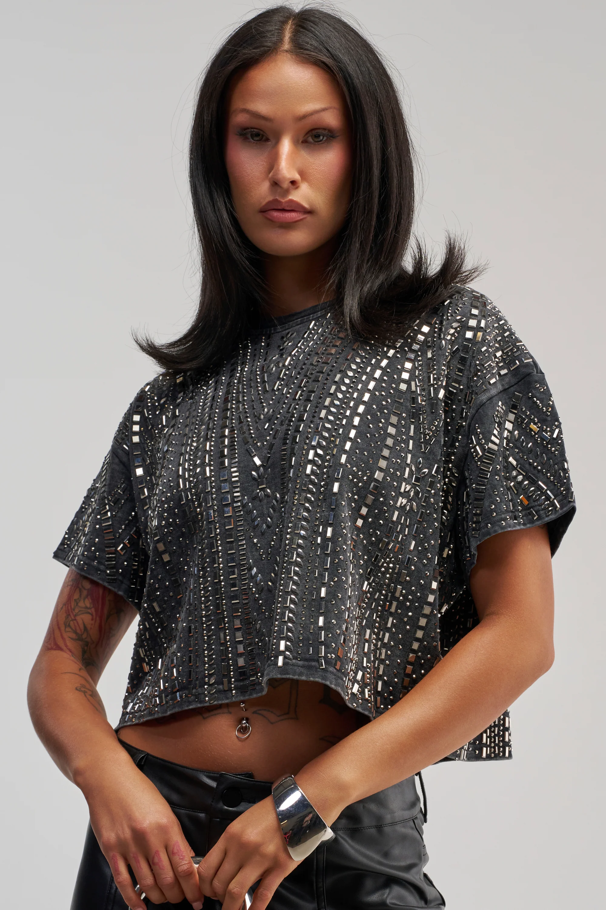 OVER THE TOP RHINESTONE TEE IN CHARCOAL - Akira Wear