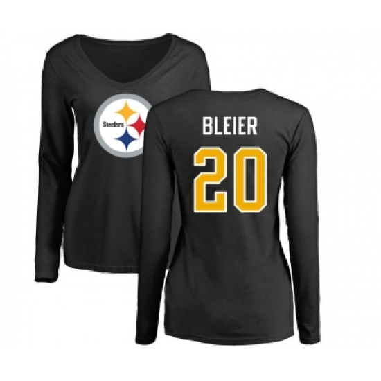 Football Women's Pittsburgh Steelers #20 Rocky Bleier Black Name & Number Logo Slim Fit Long Sleeve T-Shirt - Jersey