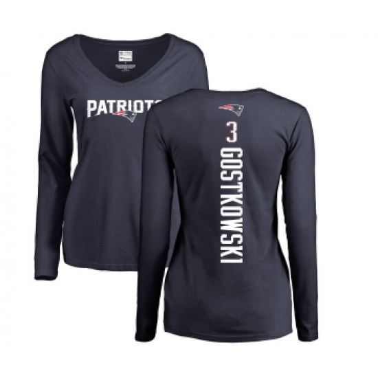 Football Women's New England Patriots #3 Stephen Gostkowski Navy Blue Backer Slim Fit Long Sleeve T-Shirt - Jersey