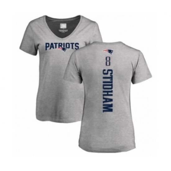 Football Women's New England Patriots #8 Jarrett Stidham Ash Backer V-Neck T-Shirt - Jersey