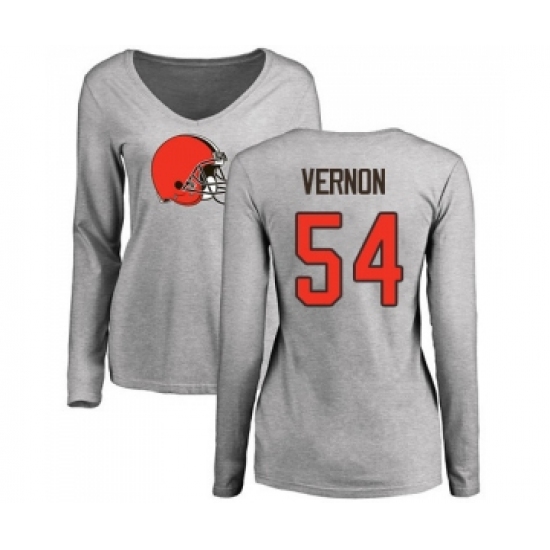 Football Women's Cleveland Browns #54 Olivier Vernon Ash Name & Number Logo Long Sleeve T-Shirt - Jersey