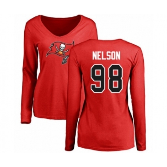 Football Women's Tampa Bay Buccaneers #98 Anthony Nelson Red Name & Number Logo Long Sleeve T-Shirt - Jersey