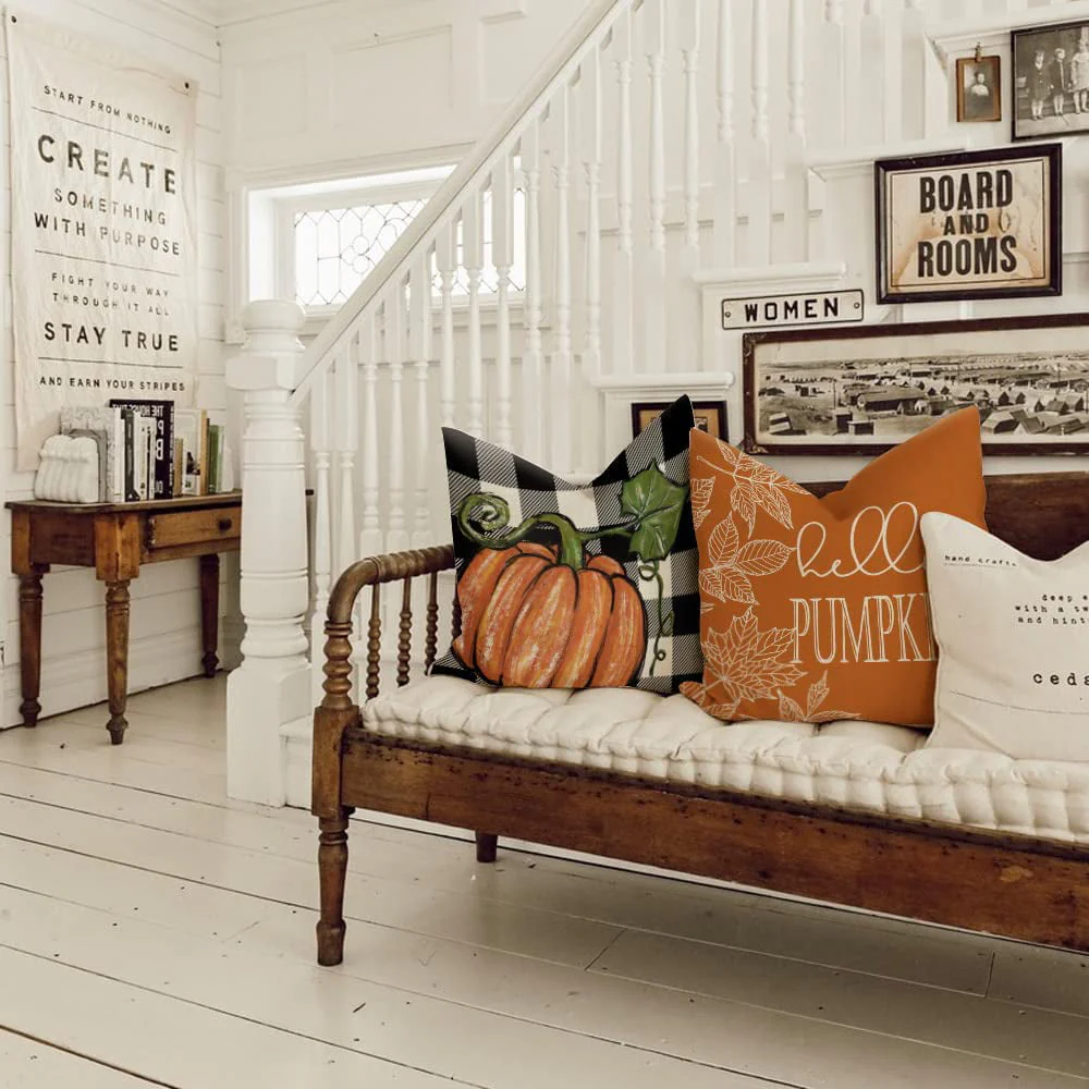 Fall Decor Buffalo Plaid Pumpkin and Maple Leaves Outdoor Fall Pillows Decorative Throw Pillows Farmhouse Thanksgiving Decorations Autumn Cushion Case for Couch