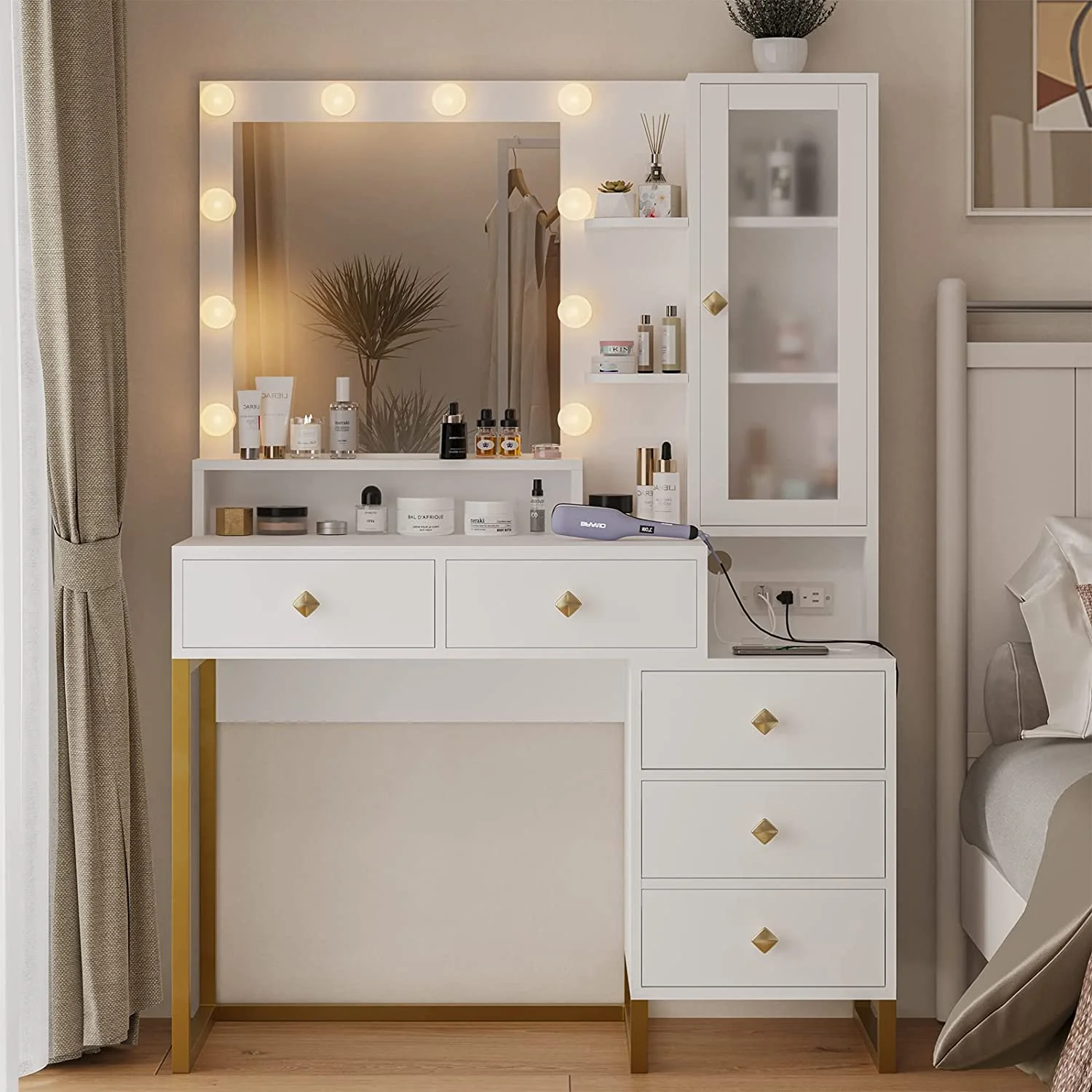 Afuhokles Large Makeup Vanity with Lights, Vanity Table with Charging Station Vanity Desk with Mirror and 10 LED Light Bulbs, 5 Drawers, White