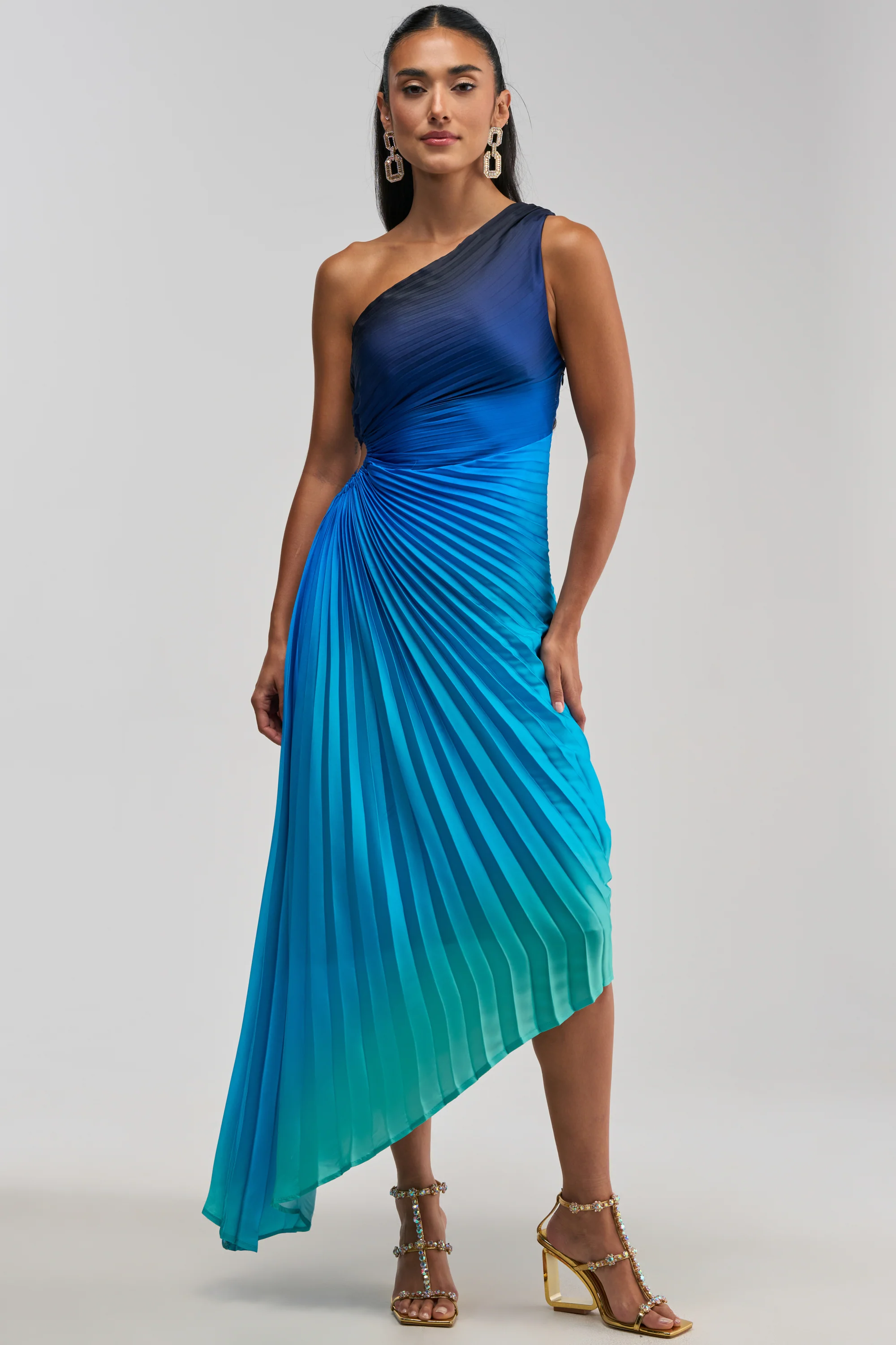 WILD CARD ONE SHOULDER OMBRE MIDI DRESS IN BLUE - Akira Wear