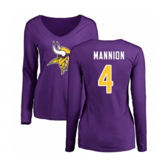 Football Women's Minnesota Vikings #4 Sean Mannion Purple Name & Number Logo Slim Fit Long Sleeve T-Shirt - Jersey
