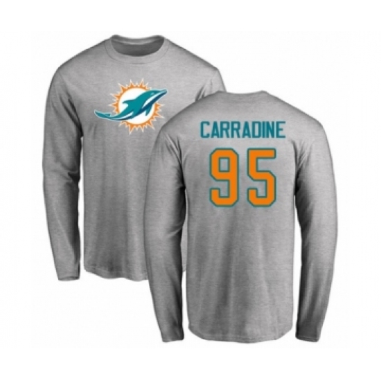 Football Miami Dolphins #95 Tank Carradine Ash Name & Number Logo Long Sleeve T-Shirt - Jersey