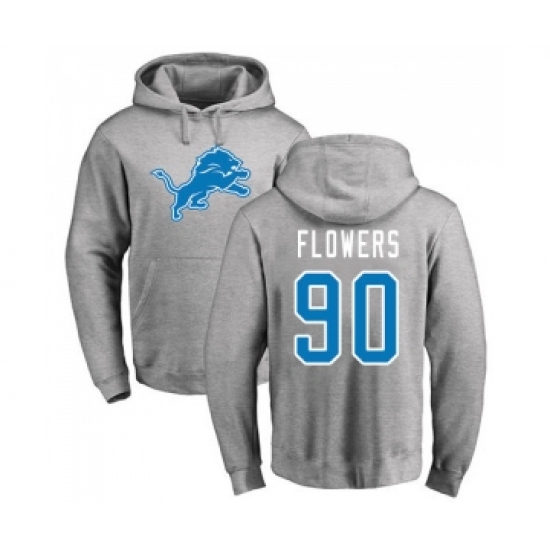 Football Detroit Lions #90 Trey Flowers Ash Name & Number Logo Pullover Hoodie - Jersey