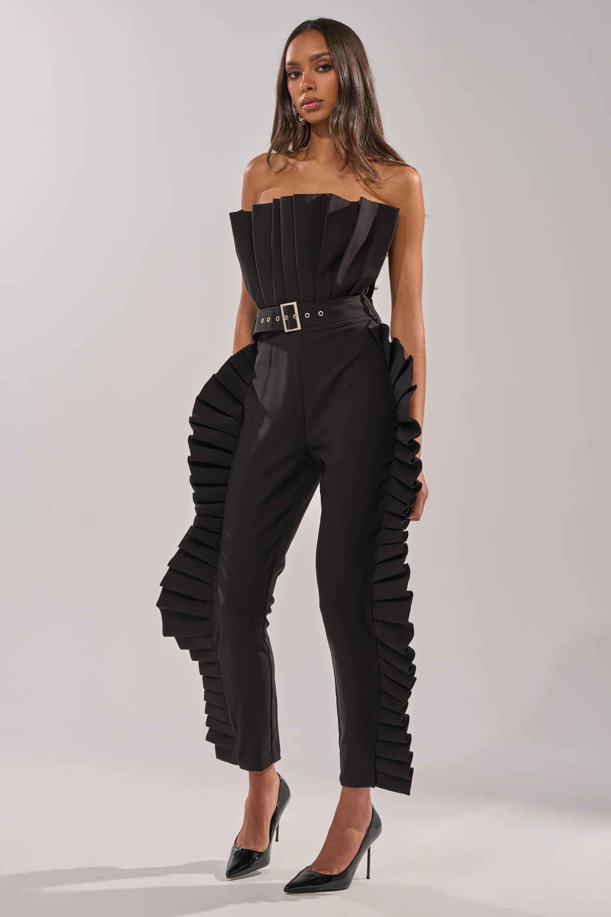 RUFFLE MY FEATHERS BLACK JUMPSUIT - Akira Wear