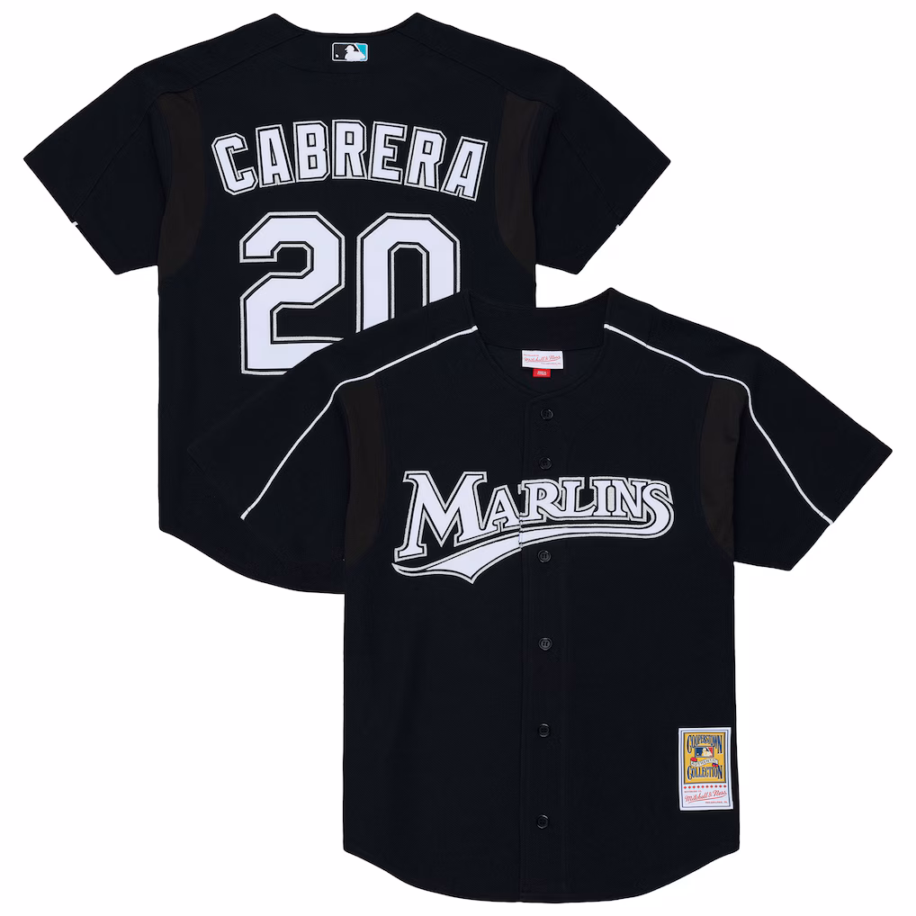 Men's Florida Marlins Miguel Cabrera Mitchell & Ness Black 2003 Cooperstown Mesh Batting Practice Button-Up Jersey - Jersey
