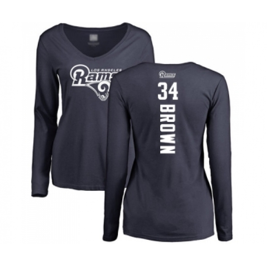 Football Women's Los Angeles Rams #34 Malcolm Brown Navy Blue Backer Slim Fit Long Sleeve T-Shirt - Jersey