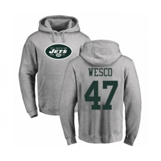Football New York Jets #47 Trevon Wesco Ash Name & Number Logo Pullover Hoodie - Jersey