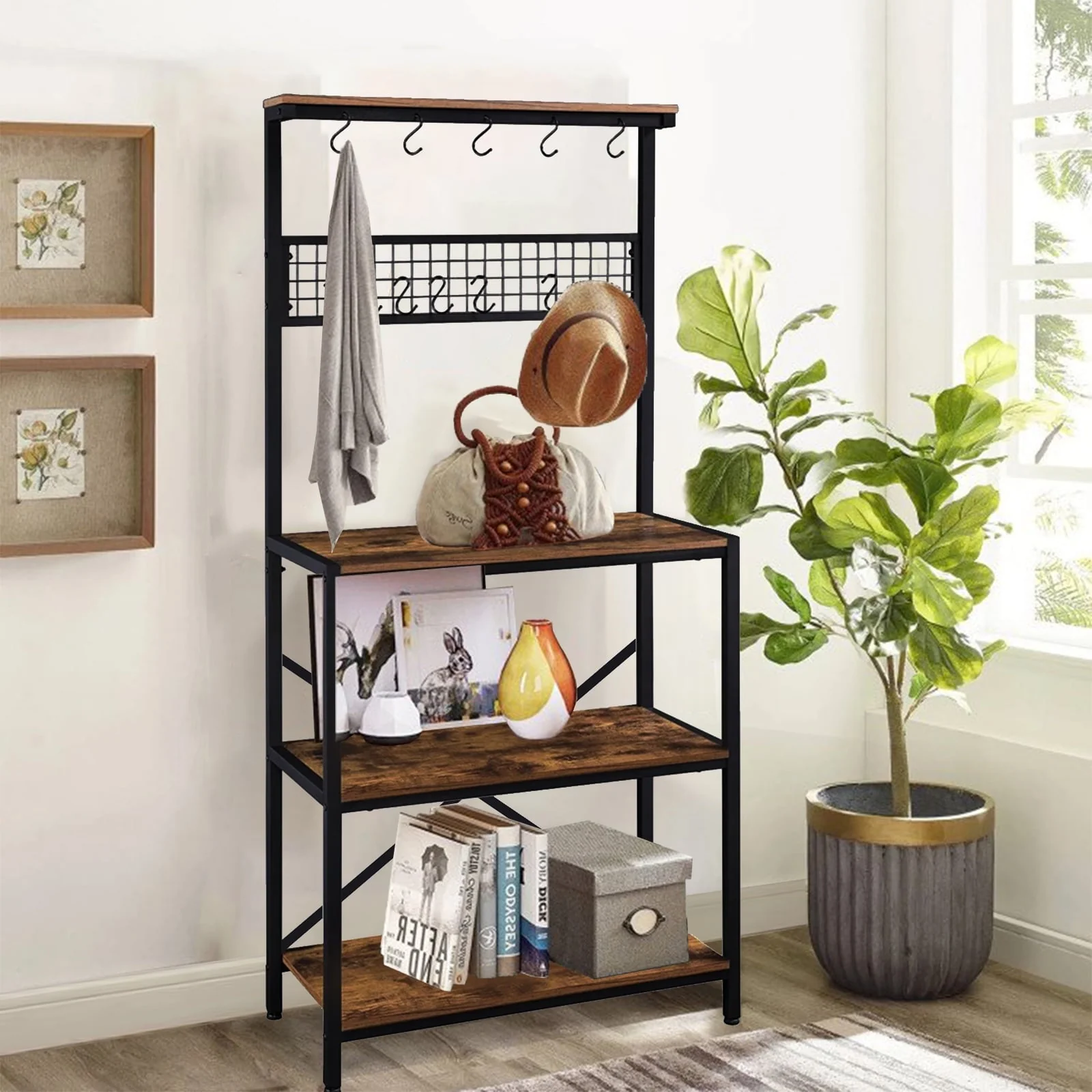 SUGIFT 4-Tier Bakers Racks for Kitchens Storage Shelf, Kitchen Rack Microwave Stand with 10 Hooks