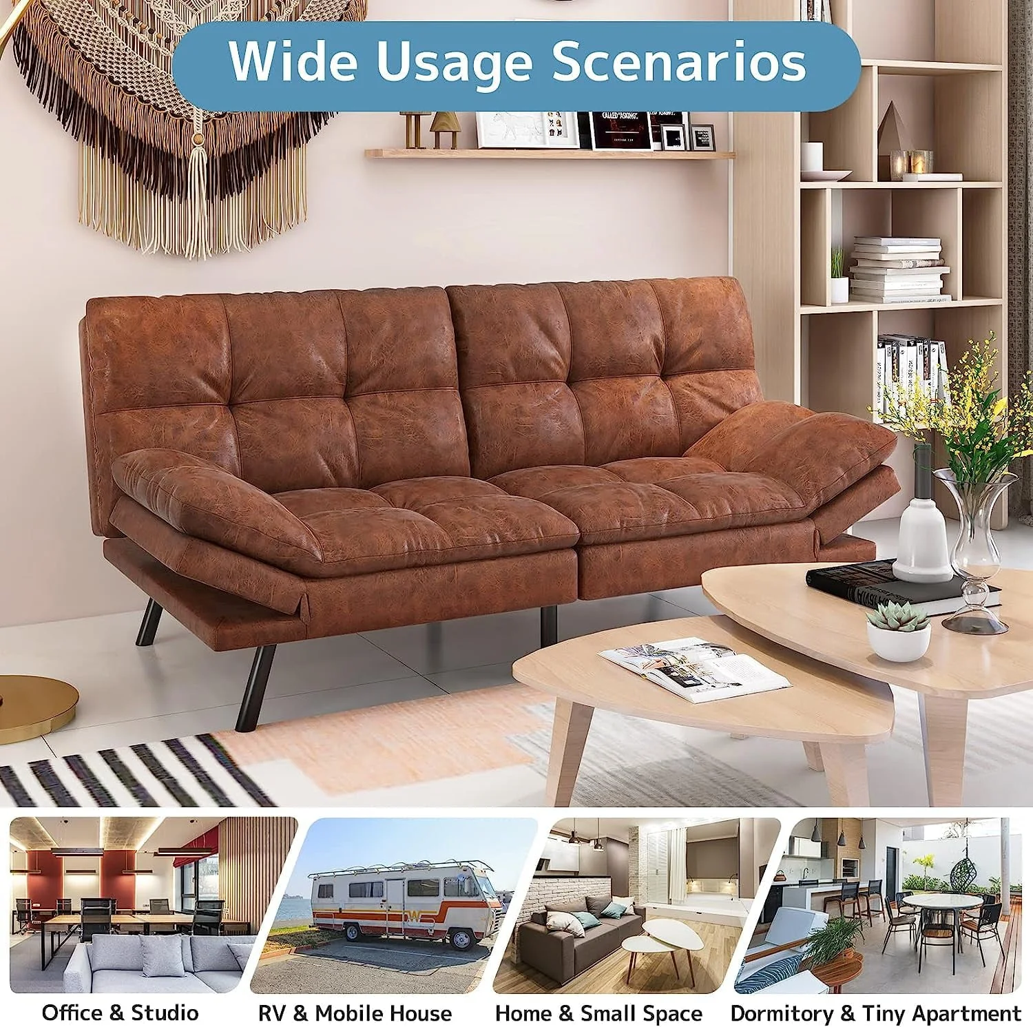 Convertible Futon Sofa Bed, Modern Sleeper Sofa, Brown