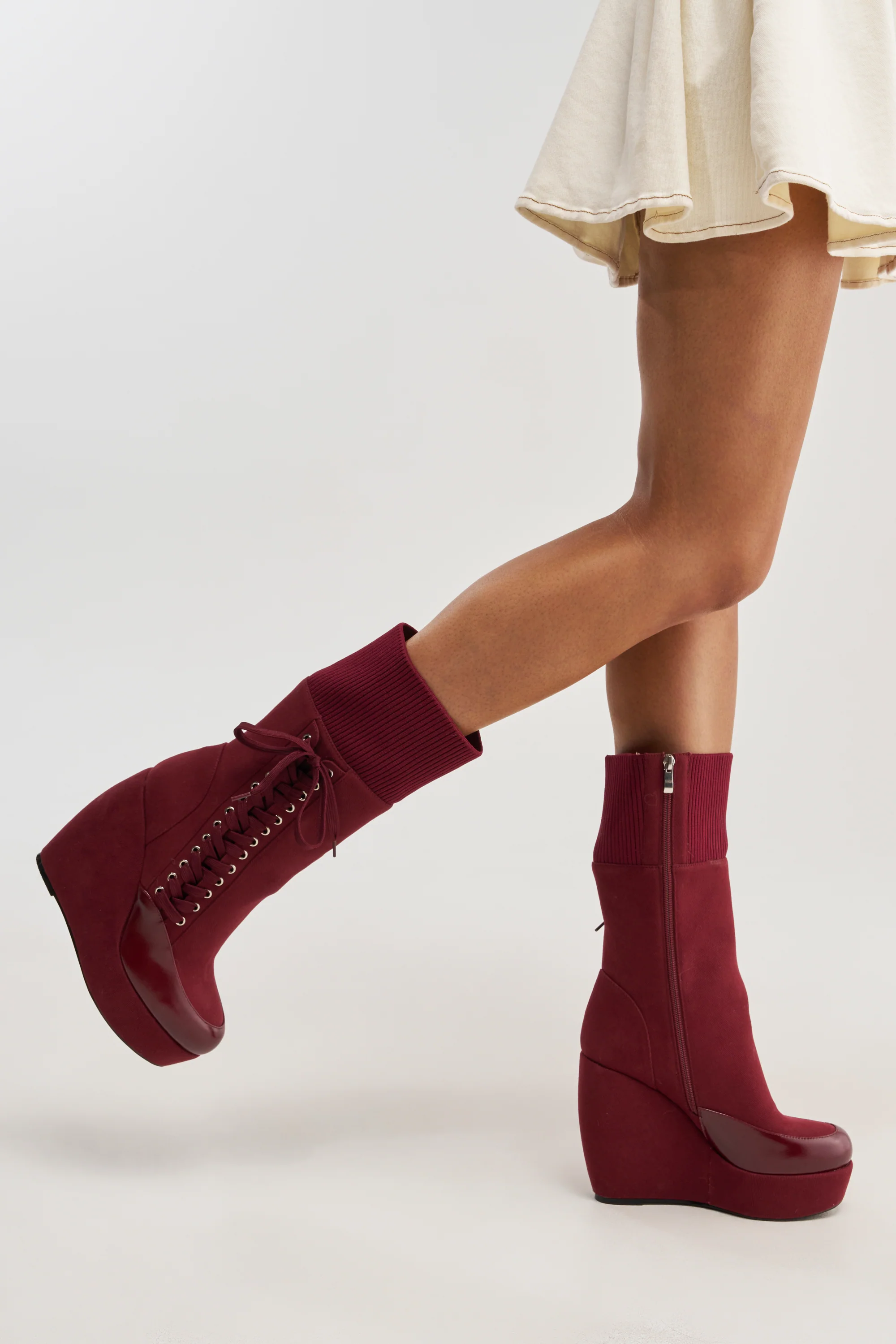 AKIRA GOLD WHATEVER BURGUNDY CANVAS WEDGE BOOTIE - Akira Wear