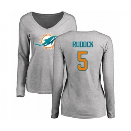 Football Women's Miami Dolphins #5 Jake Rudock Ash Name & Number Logo Long Sleeve T-Shirt - Jersey