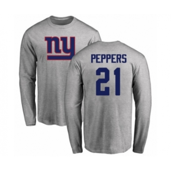 Football New York Giants #21 Jabrill Peppers Ash Name & Number Logo Long Sleeve T-Shirt - Jersey