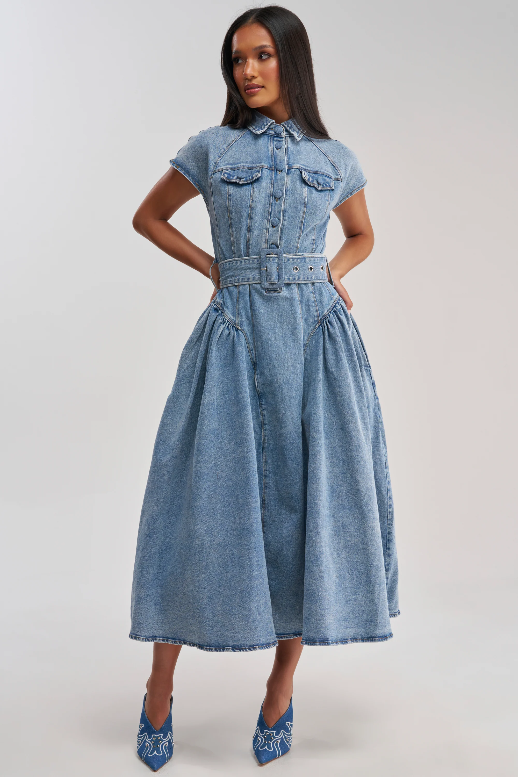 MEET THE PARENTS BELTED DENIM MIDI DRESS - Akira Wear