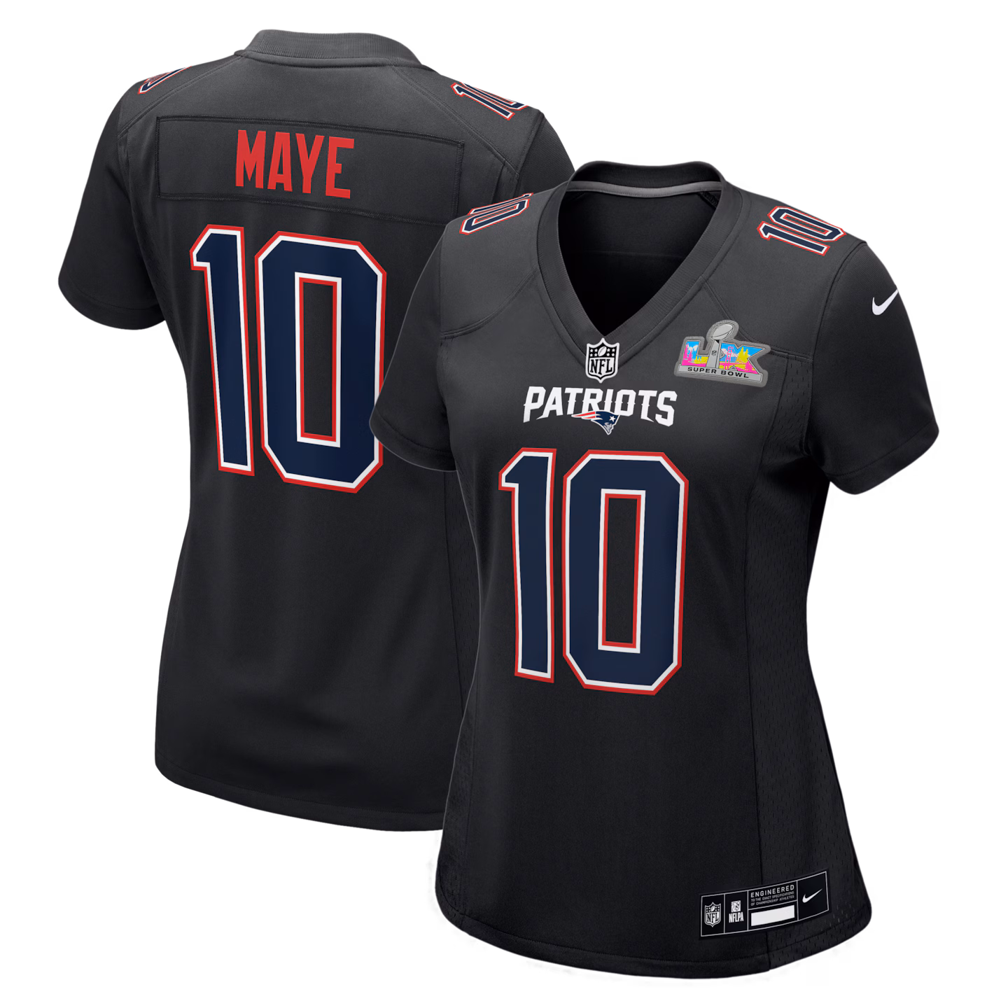 Women's New England Patriots Drake Maye Nike Black Super Bowl LX Patch Carbon Fashion Game Jersey - Jersey