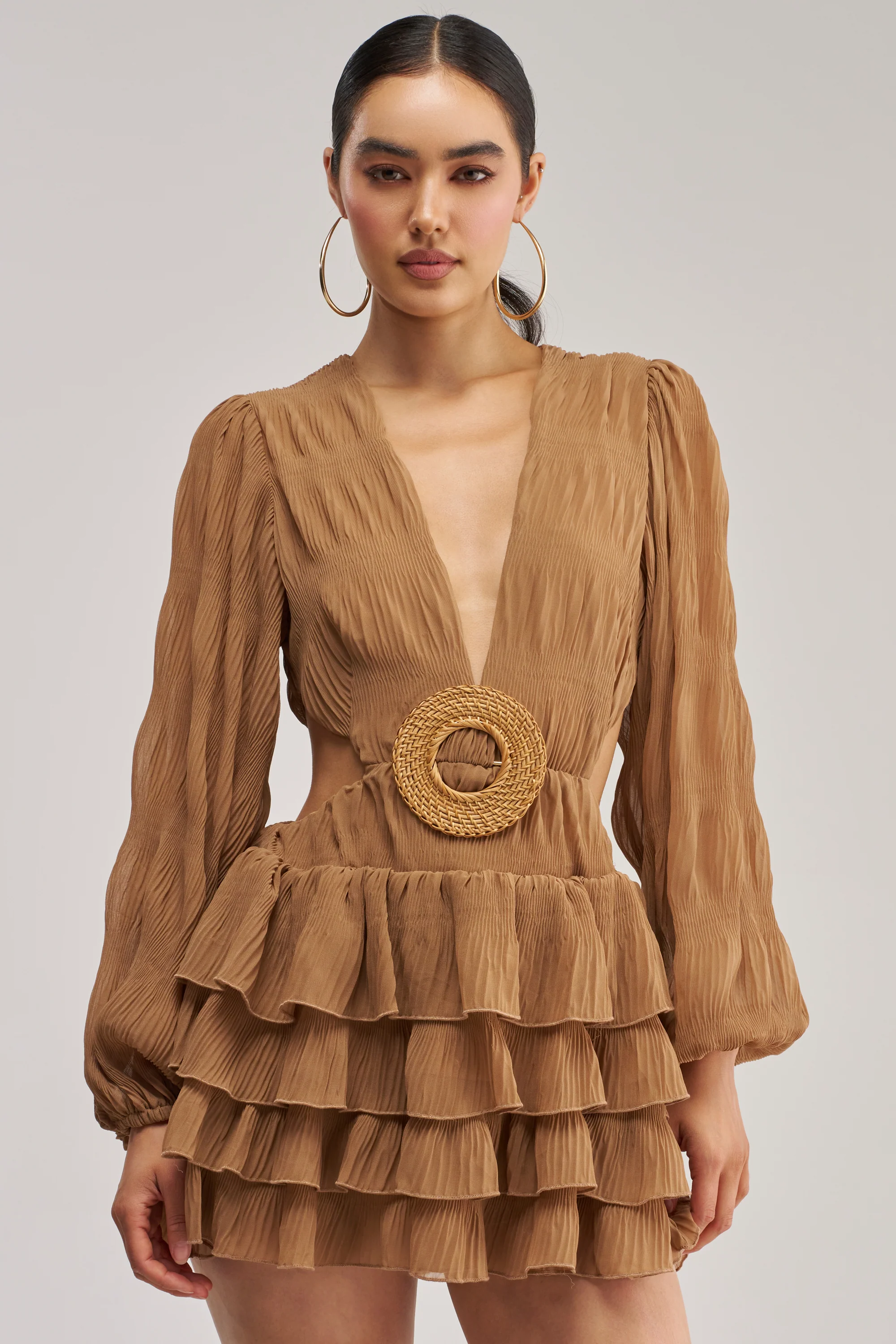 ON ISLAND TIME RUFFLED MINI DRESS IN TAUPE - Akira Wear
