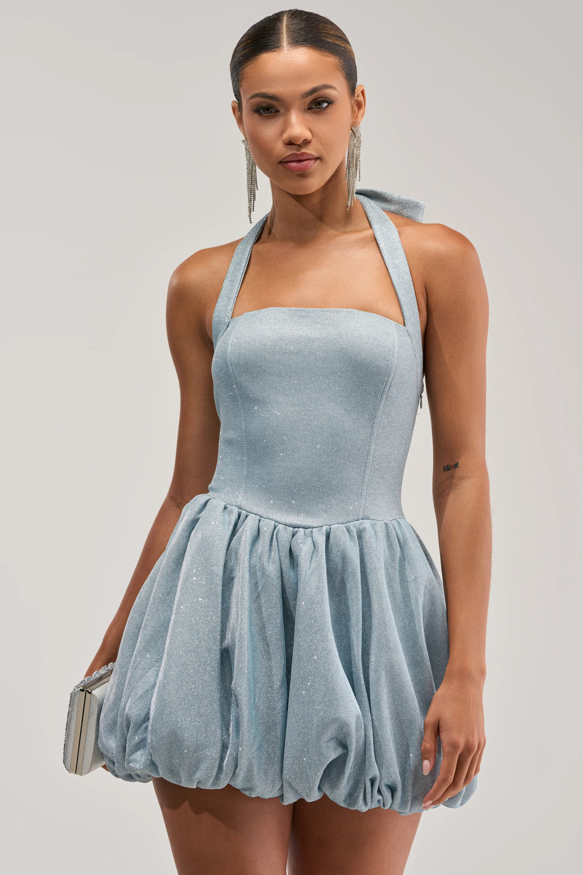GLISTEN UP SHIMMER HALTER MINI DRESS - Akira Wear