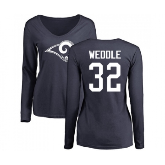 Football Women's Los Angeles Rams #32 Eric Weddle Navy Blue Name & Number Logo Slim Fit Long Sleeve T-Shirt - Jersey