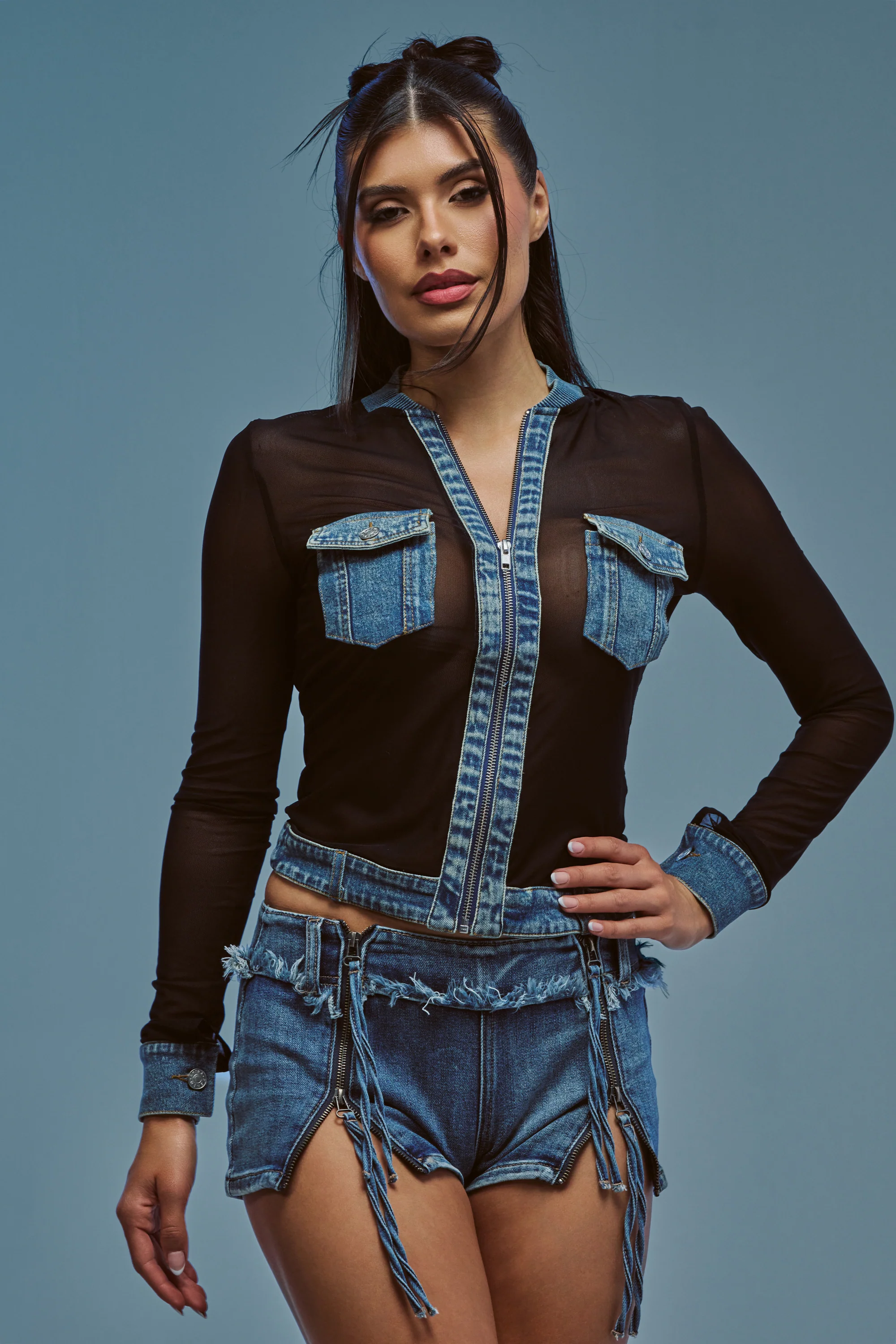 DENIM TRIM MESH ZIP UP TOP - Akira Wear