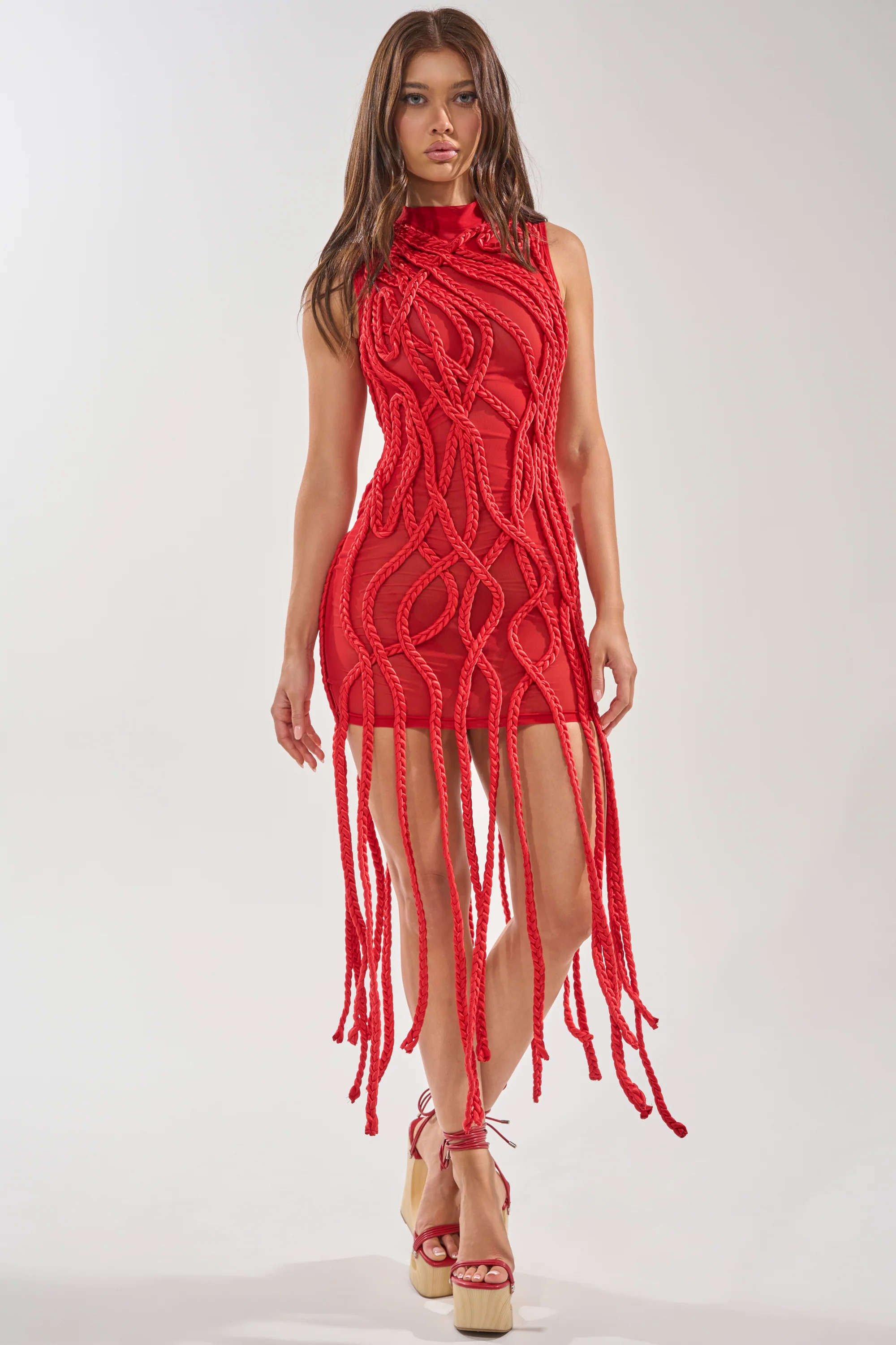 STUCK ON YOU BRAIDED MINI DRESS IN RED - Akira Wear