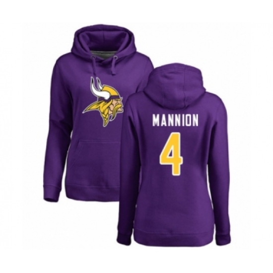 Football Women's Minnesota Vikings #4 Sean Mannion Purple Name & Number Logo Pullover Hoodie - Jersey