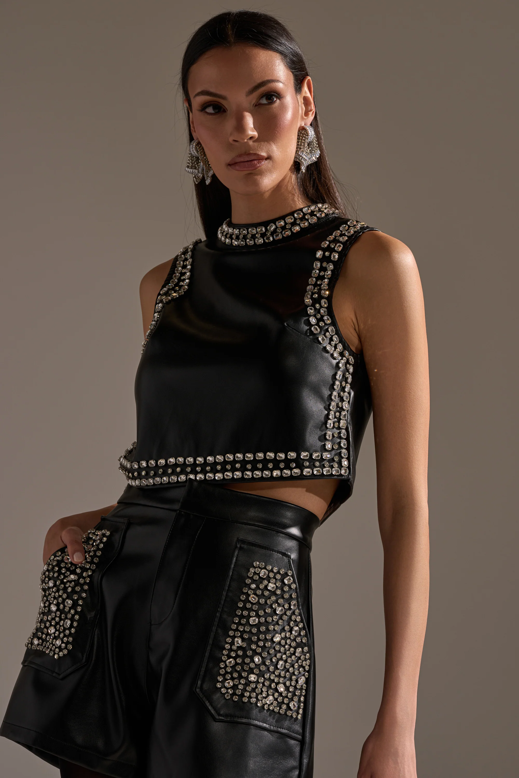 DANCE THE NIGHT AWAY FAUX LEATHER RHINESTONE BLOUSE - Akira Wear