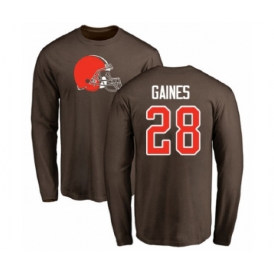 Football Cleveland Browns #28 Phillip Gaines Brown Name & Number Logo Long Sleeve T-Shirt - Jersey