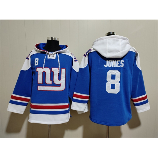 Men's New York Giants #8 Daniel Jones Blue Ageless Must-Have Lace-Up Pullover Hoodie - Jersey