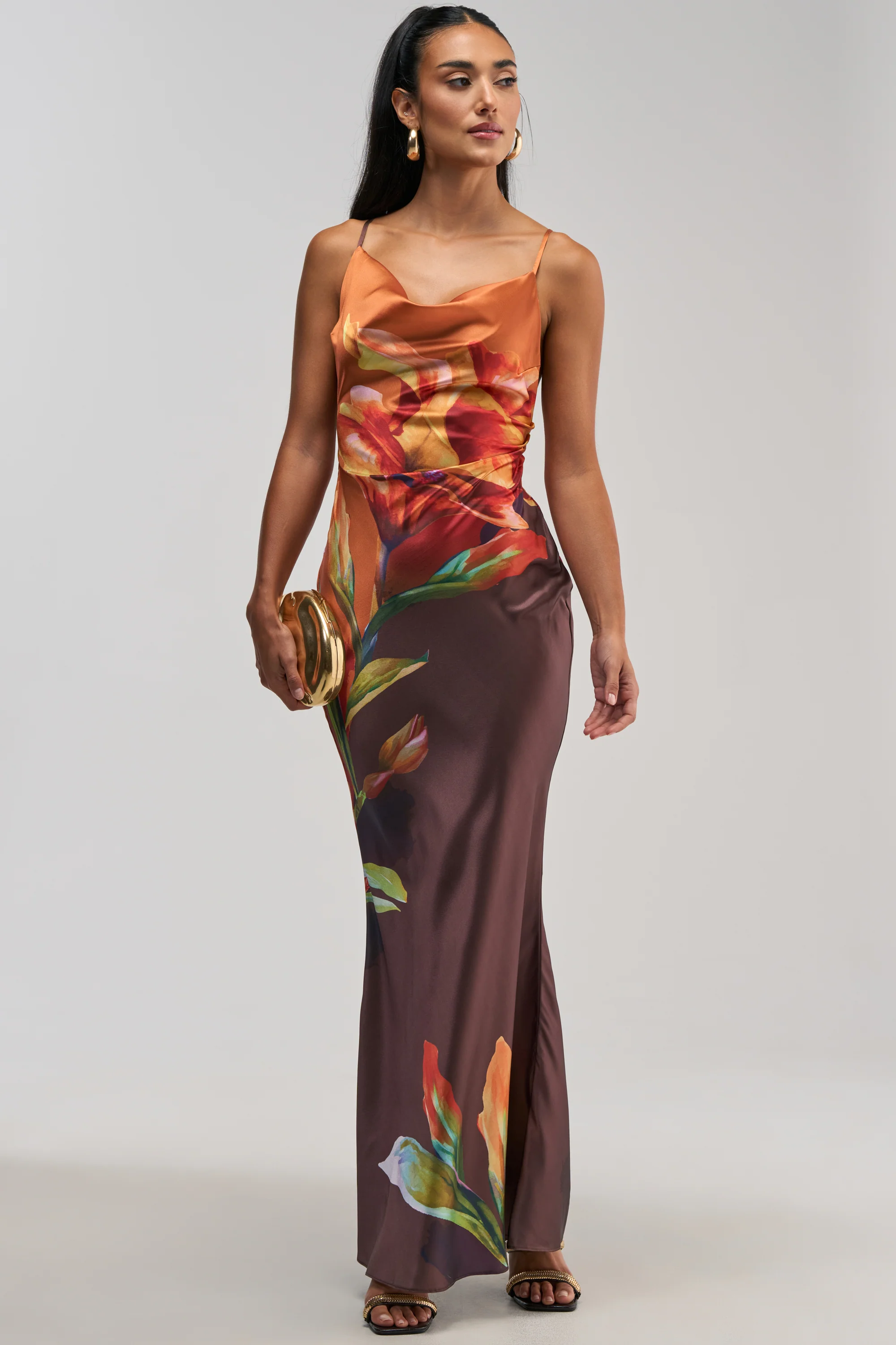 THE MAIN EVENT FLORAL SATIN MAXI DRESS IN ORANGE - Akira Wear
