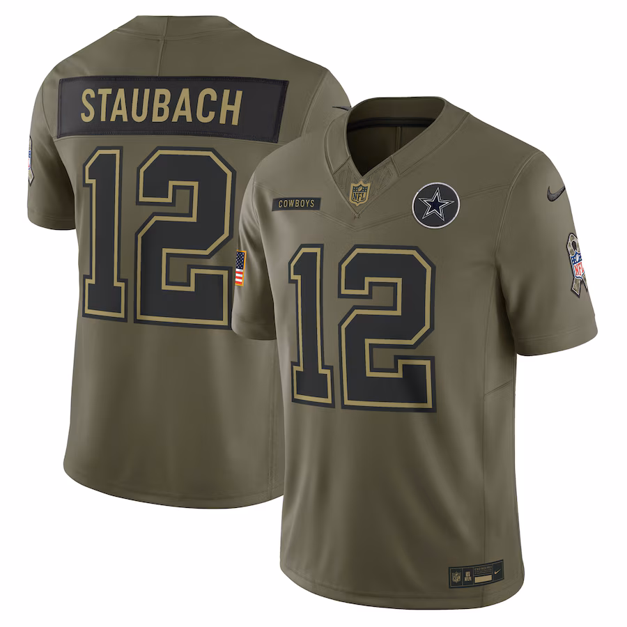 Men's Dallas Cowboys Roger Staubach Nike Olive 2025 Salute to Service Retired Limited Jersey - Jersey