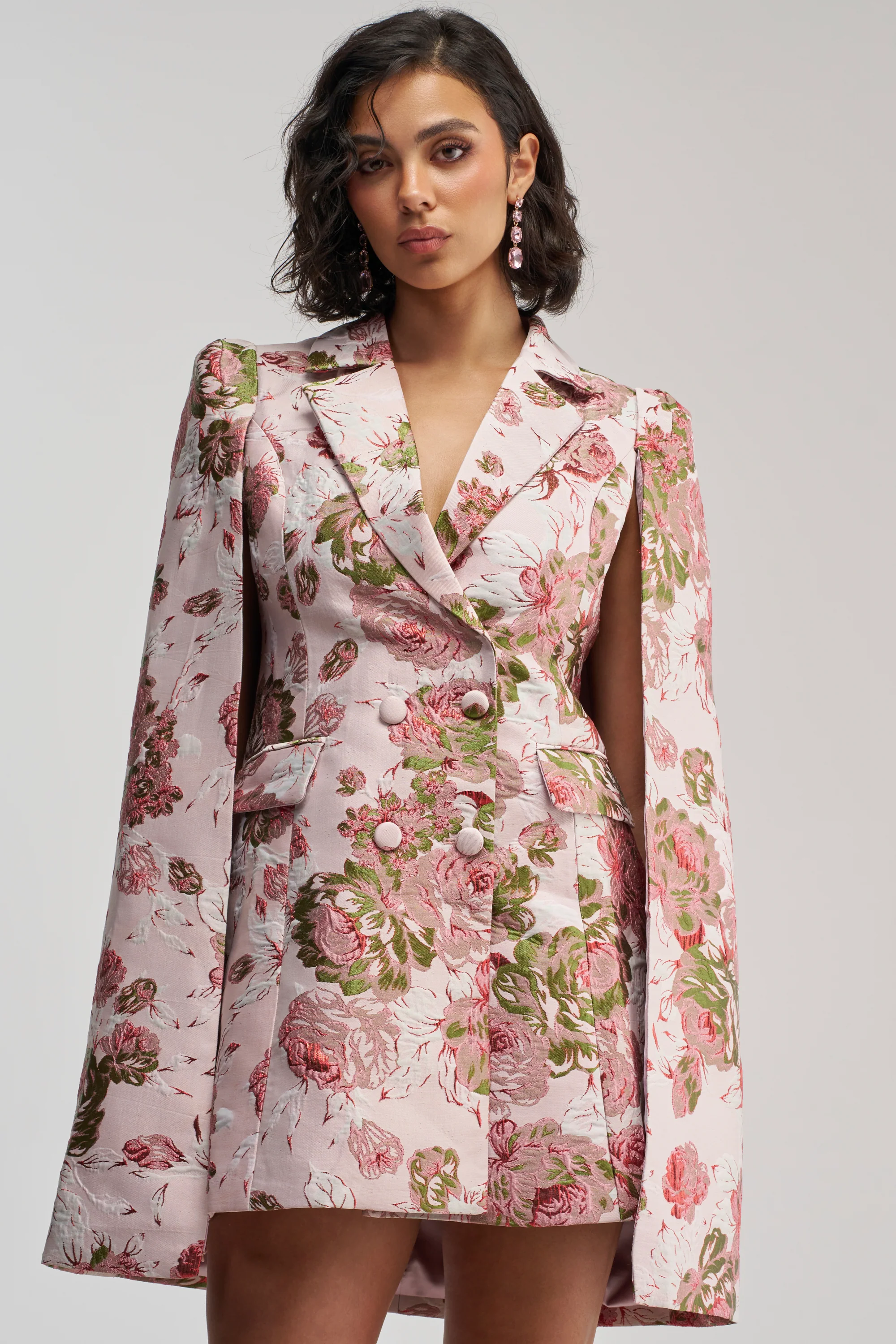 IMANI BROCADE CAPE SLEEVE BLAZER DRESS IN PINK - Akira Wear