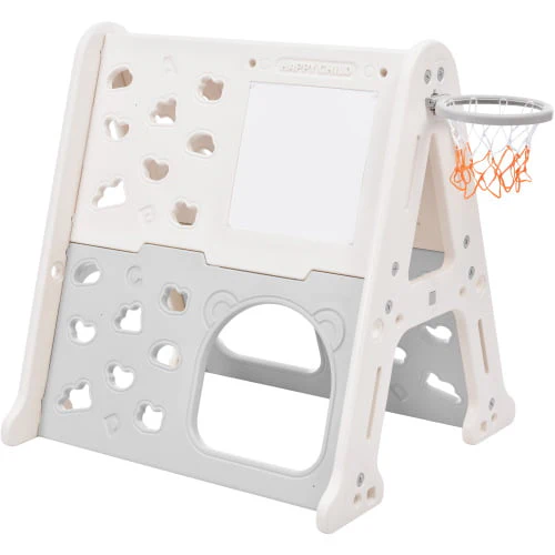 5-in-1 Toddler Climber Basketball Hoop Set Kids, Montessori Climbing Toys for Baby, Playground Climber Playset with Tunnel, Climber, Whiteboard,Toy Building Block Baseplates, Gift for Boys Girls, Gray