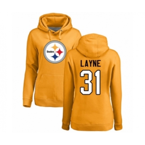 Women's Pittsburgh Steelers #31 Justin Layne Gold Name & Number Logo Pullover Hoodie - Jersey