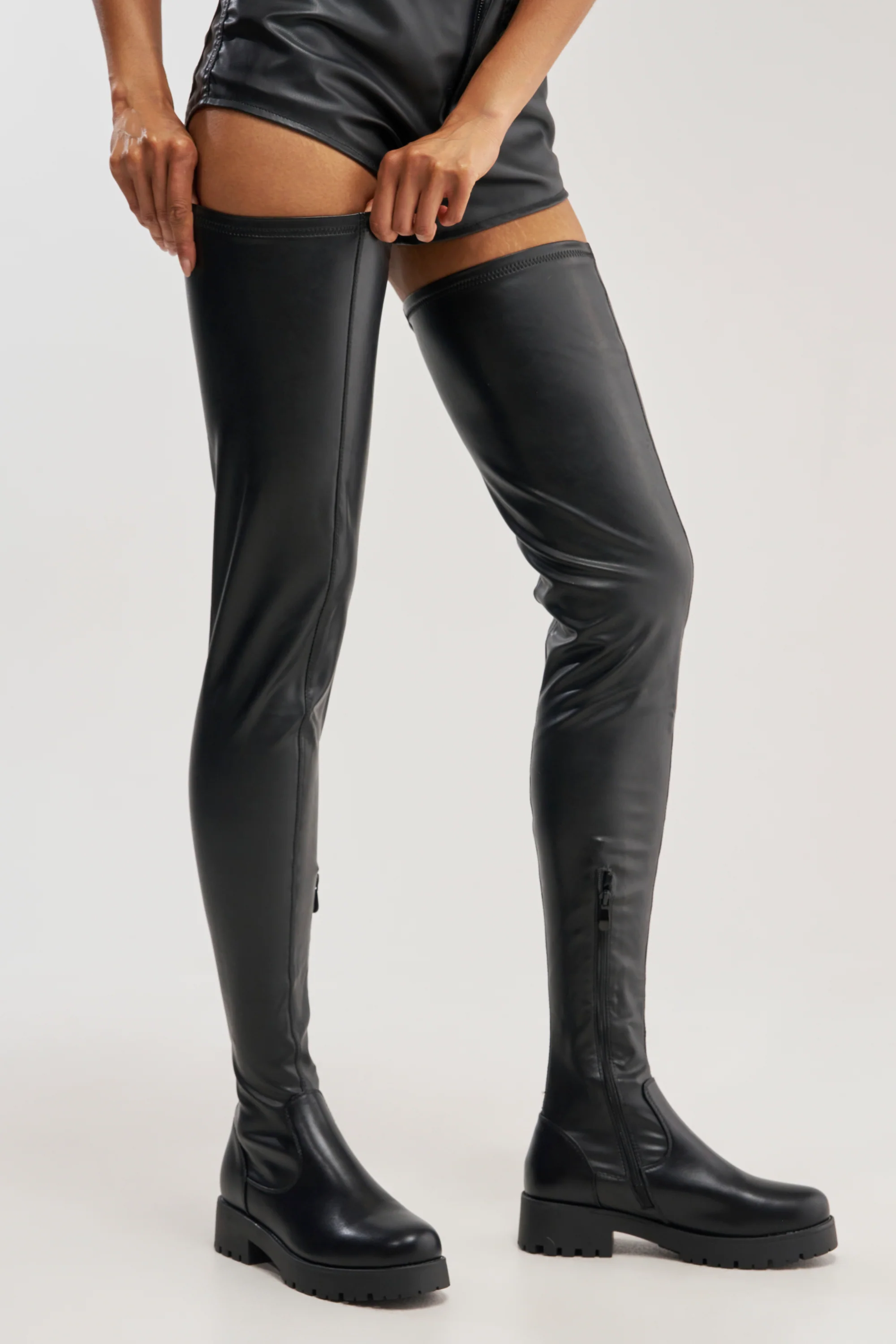 AZALEA WANG SURGICAL FLATFORM BOOT WITH 4 WAY STRETCH IN STRETCH PU - Akira Wear