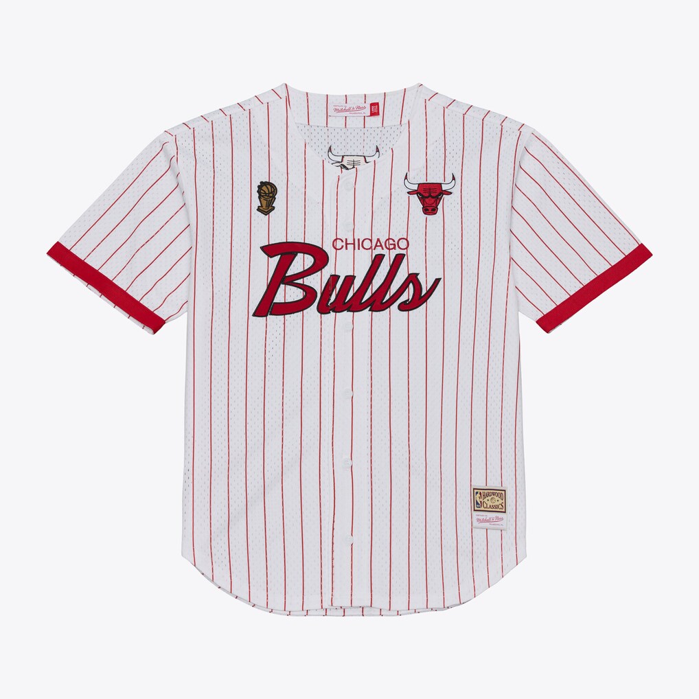 Men's Chicago Bulls Mitchell & Ness White Head Coach Pinstripe Mesh Full-Button Baseball Jersey - Jersey