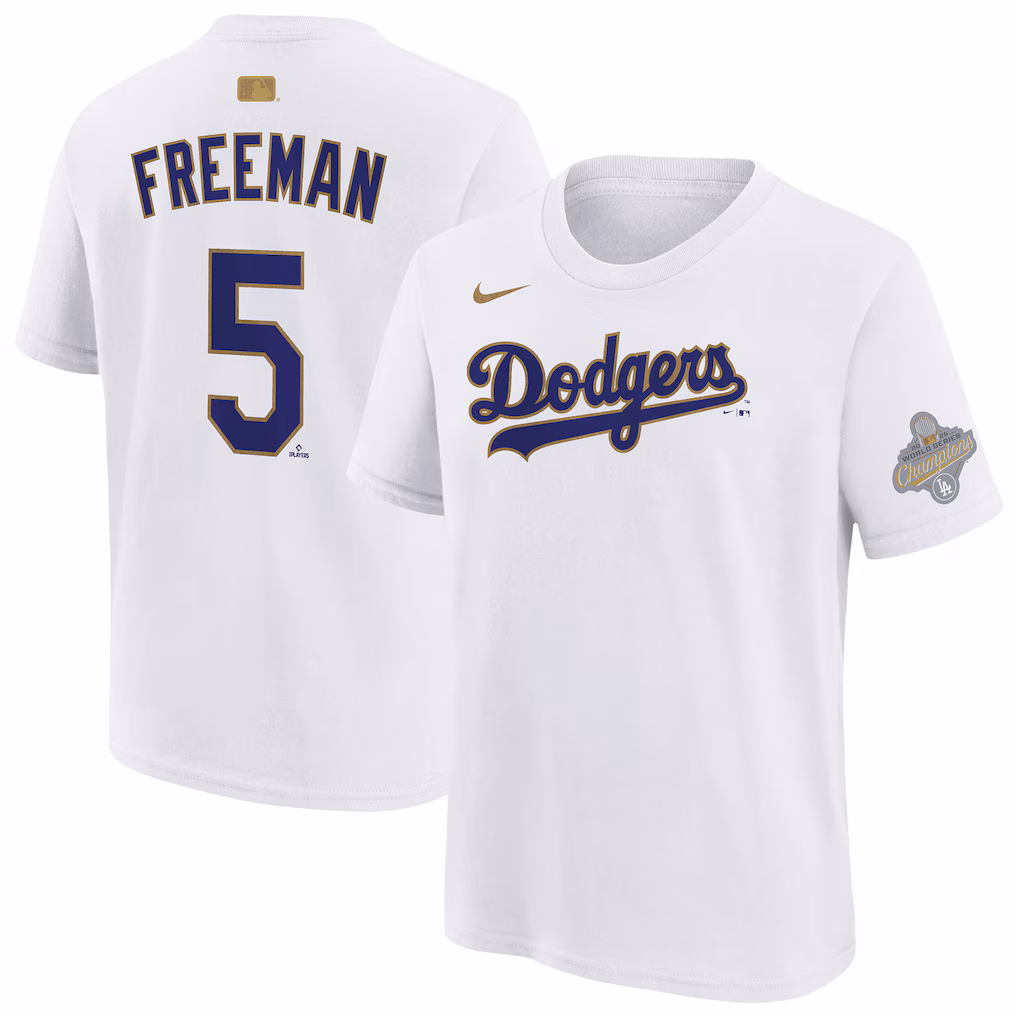 Youth Los Angeles Dodgers Freddie Freeman Nike White 2026 Gold Collection Name & Number T-Shirt - Jersey