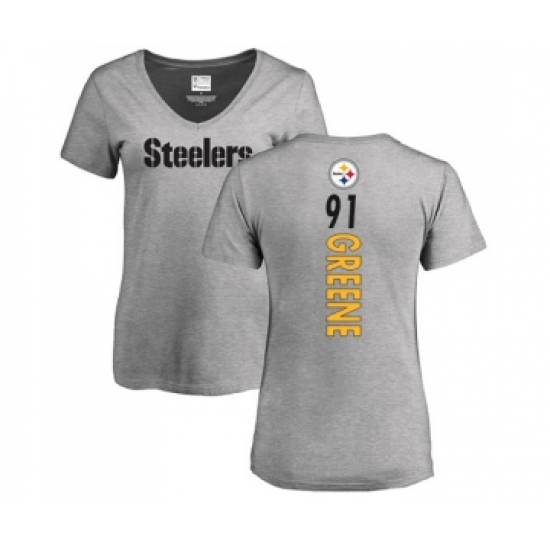 Football Women's Pittsburgh Steelers #91 Kevin Greene Ash Backer V-Neck T-Shirt - Jersey