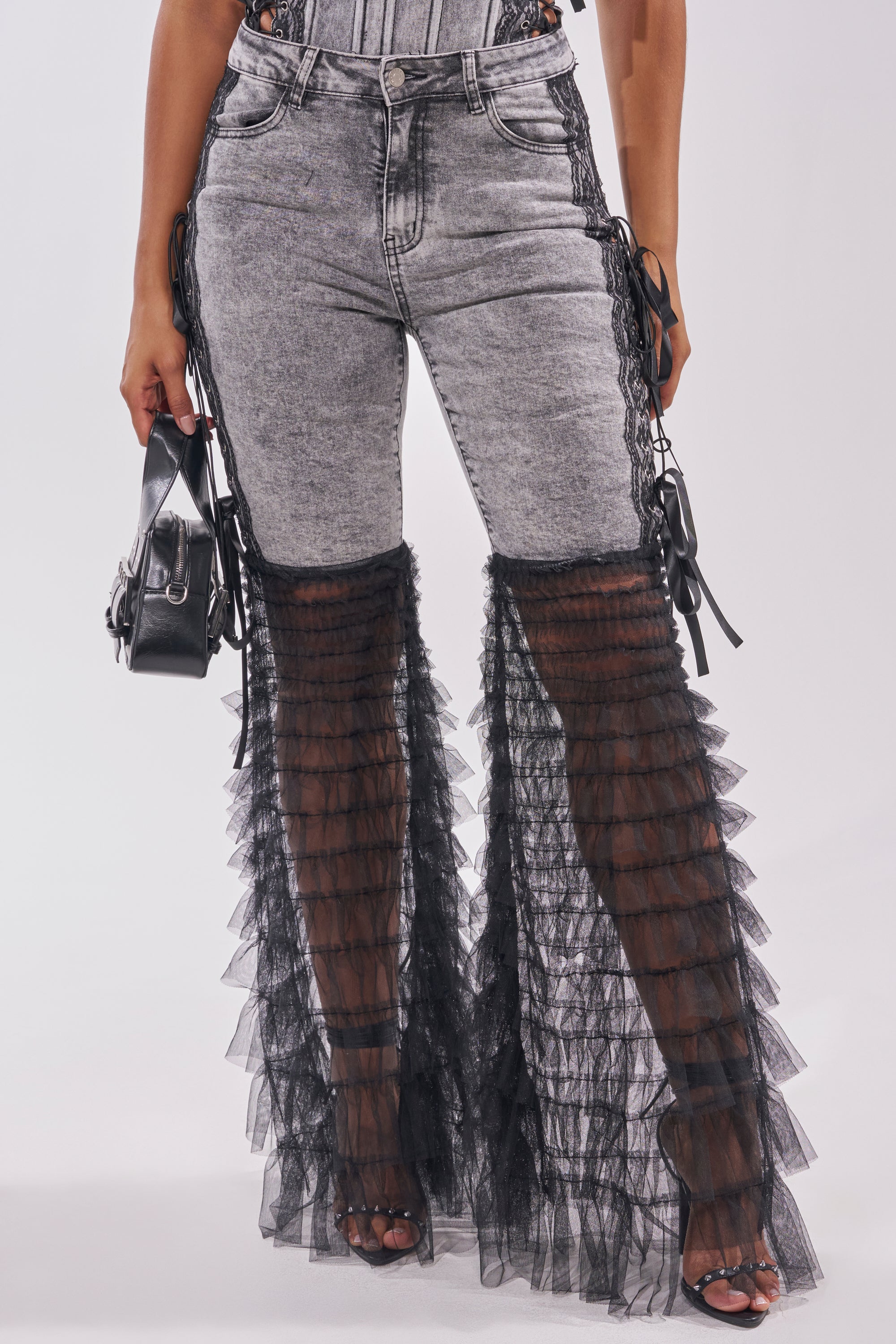 TICKED AND TIED LACE DETAIL FLARE DENIM - Akira Wear