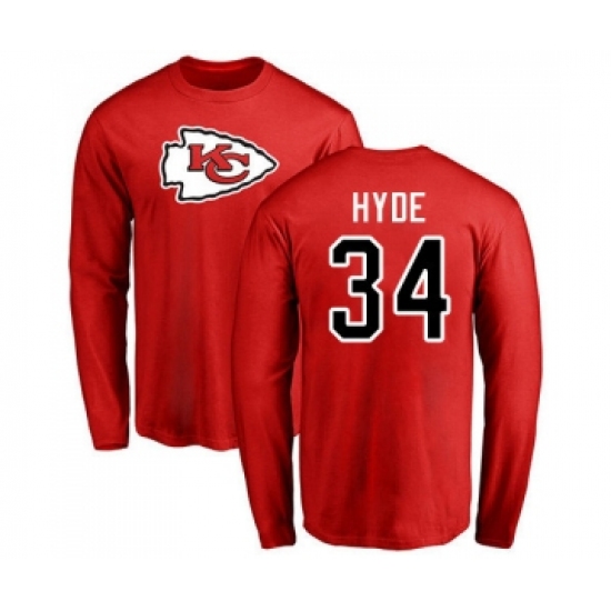 Football Kansas City Chiefs #34 Carlos Hyde Red Name & Number Logo Long Sleeve T-Shirt - Jersey