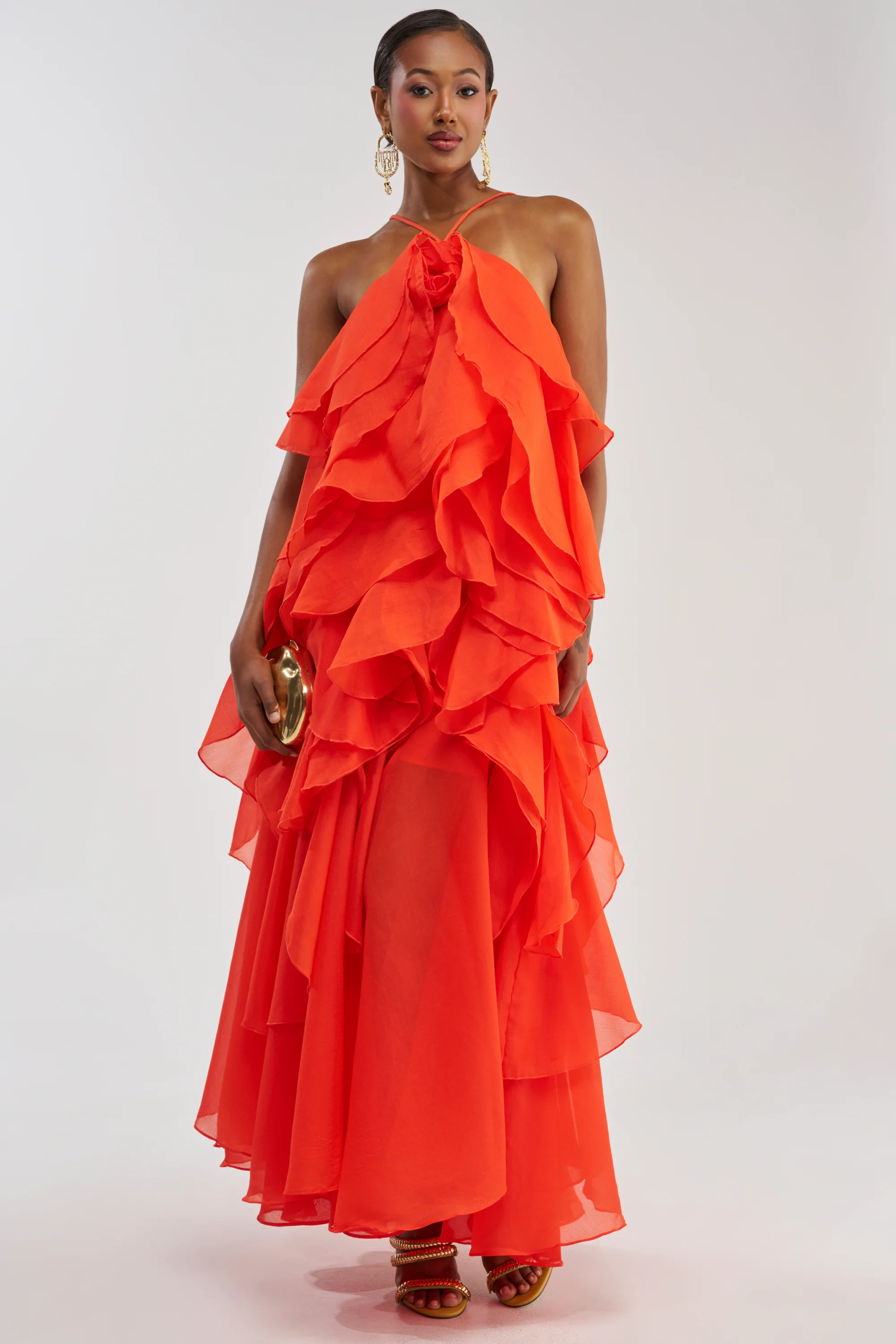 GOLDEN HOUR FLORAL CHIFFON MAXI DRESS IN ORANGE - Akira Wear