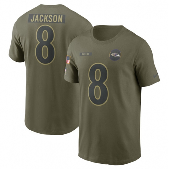Men's Baltimore Ravens #8 Lamar Jackson Olive 2025 Salute to Service Name & Number T-Shirt - Jersey