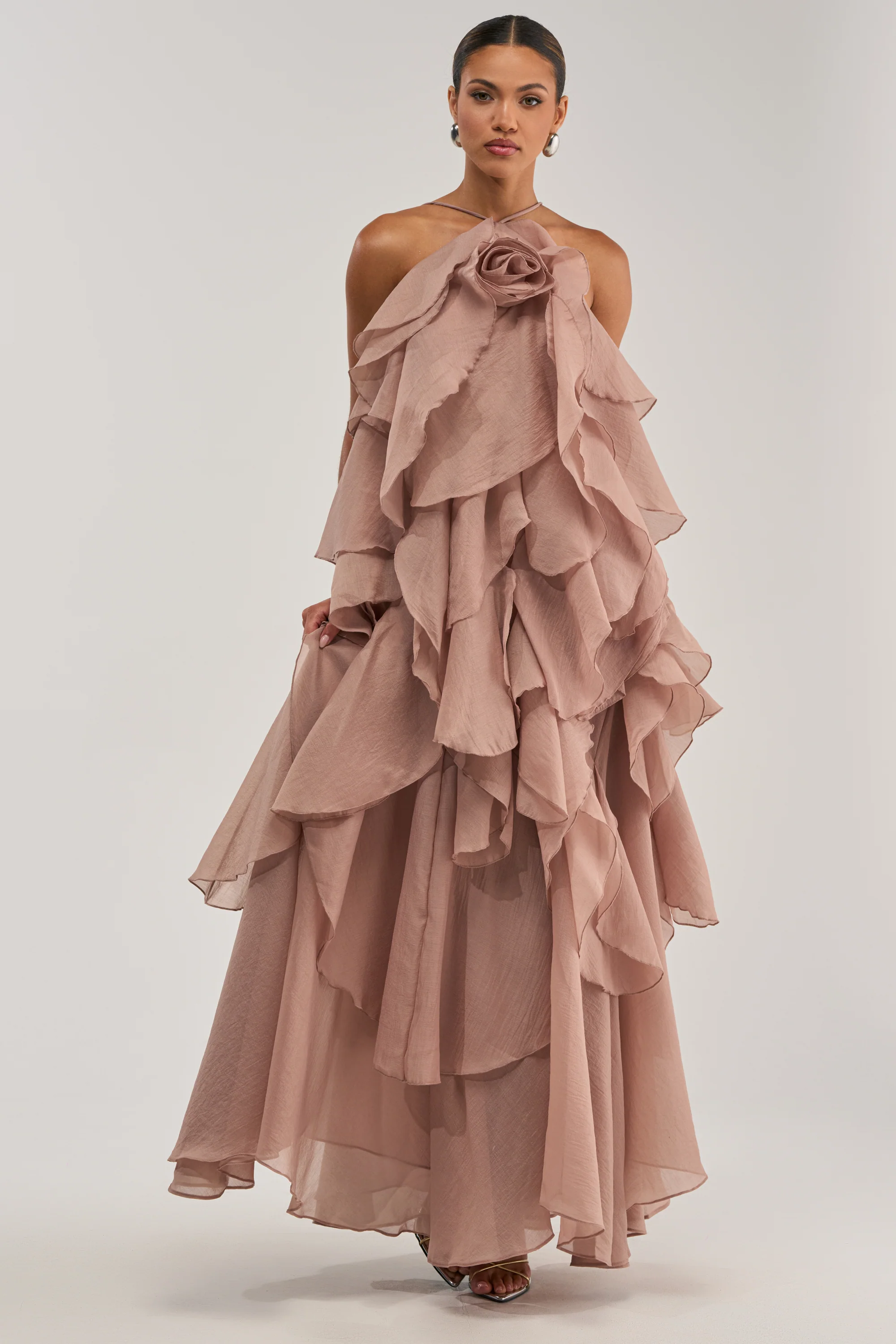 GOLDEN HOUR FLORAL CHIFFON MAXI DRESS IN MAUVE - Akira Wear