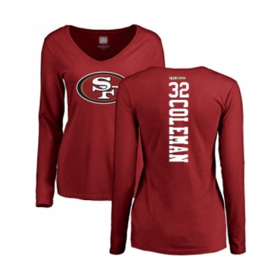 Football Women's San Francisco 49ers #32 Tevin Coleman Red Backer Long Sleeve T-Shirt - Jersey