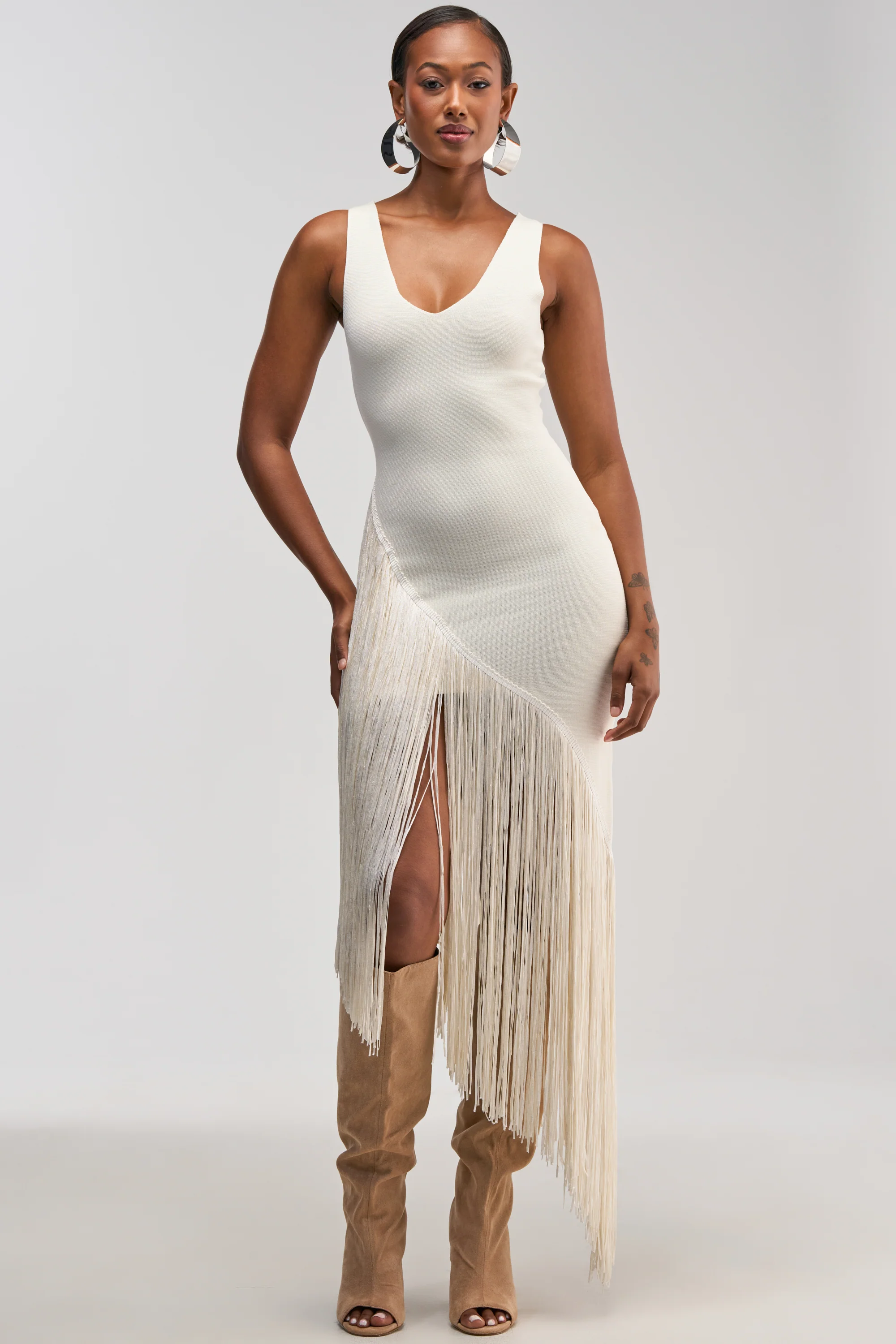 SHAKE IT FRINGE MIDI DRESS IN WHITE - Akira Wear