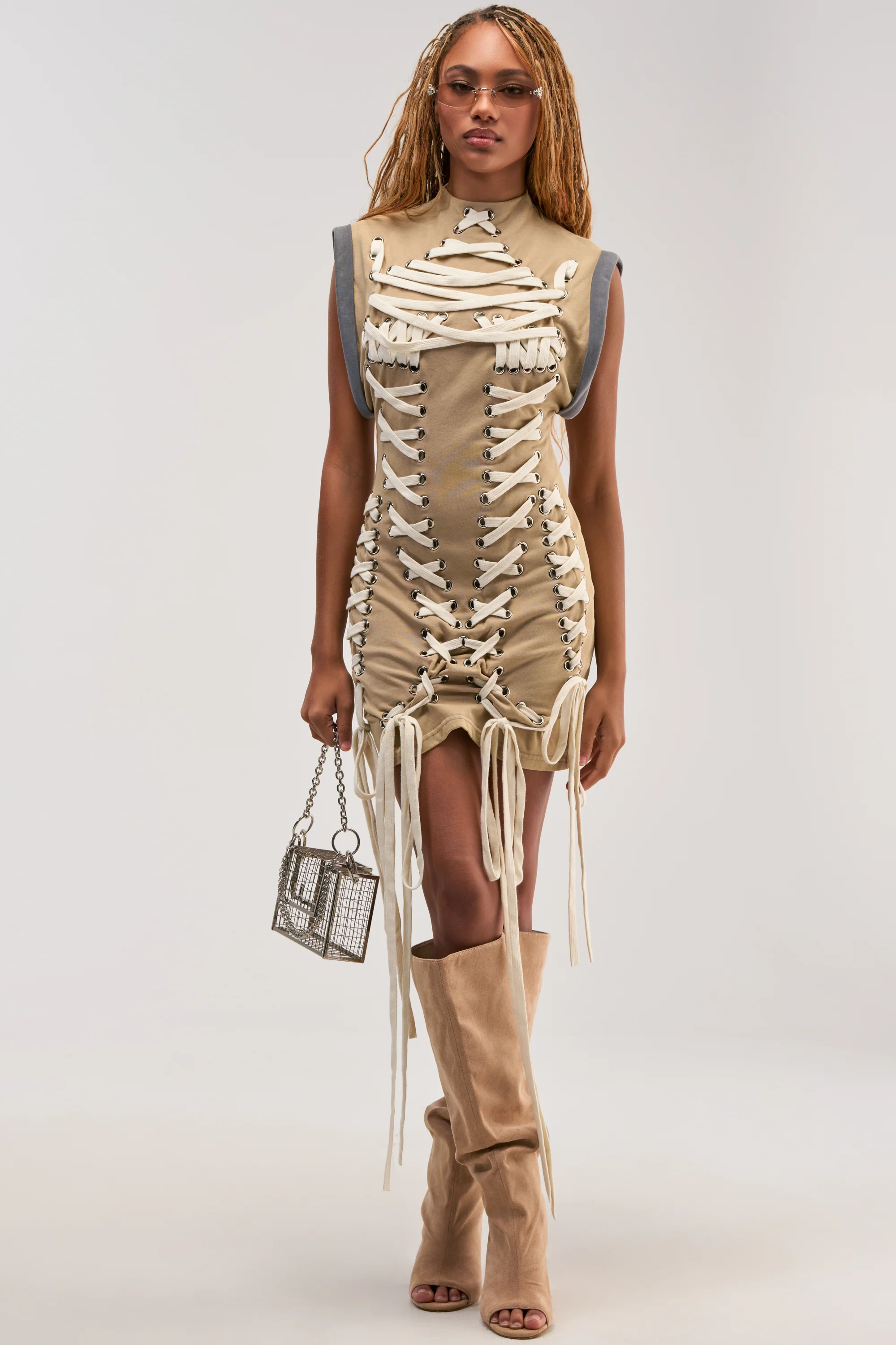 BANKS LACE UP MOCK NECK KNIT MINI DRESS IN DESERT - Akira Wear