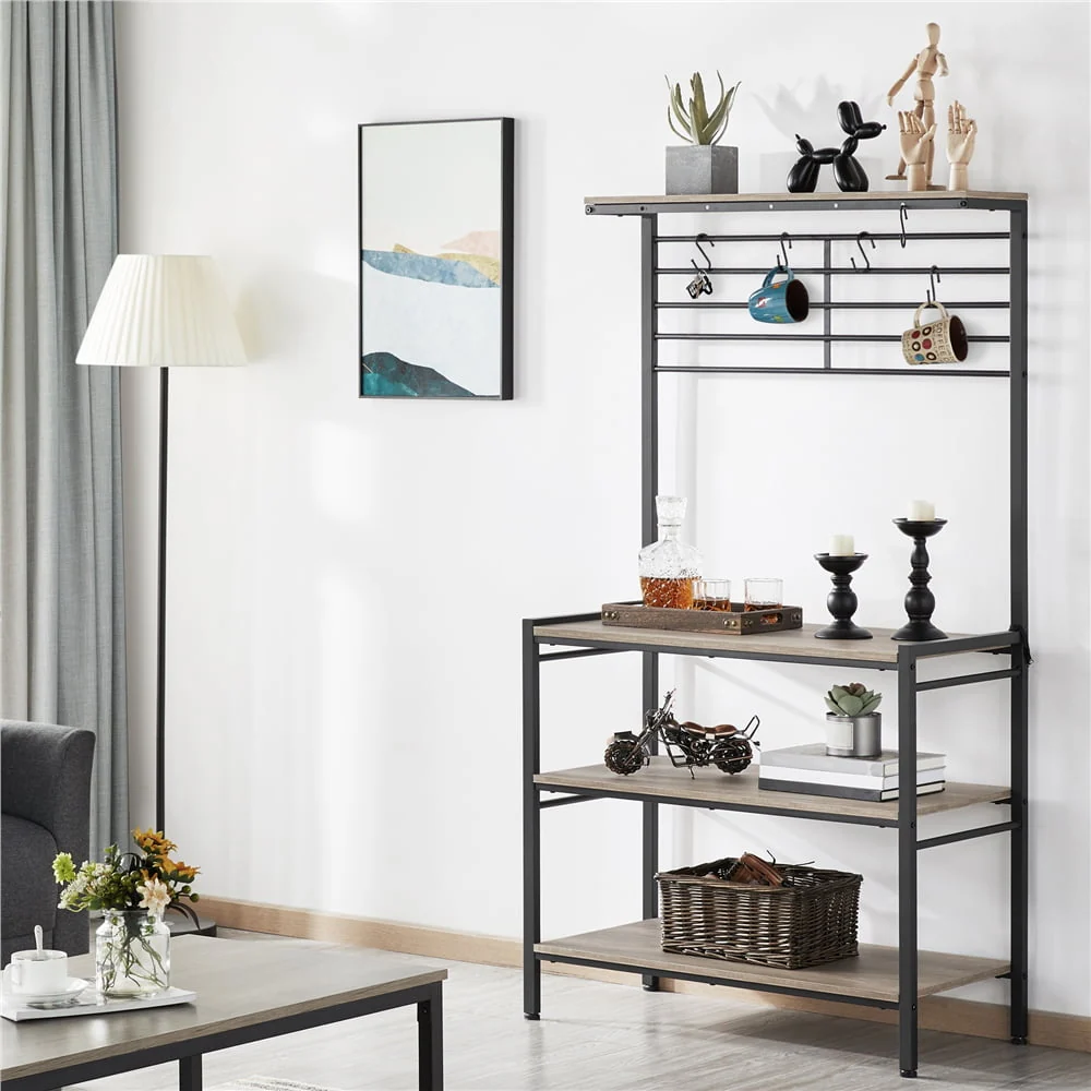 Topeakmart 4-tier Kitchen Baker's Rack Kitchen Microwave Oven Stand with High Display Shelf and 5 S-Shape Hooks, Gray